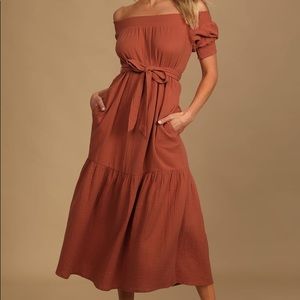 Lulus Ready for Sunshine Rust Orange Off-the-Shoulder Maxi Dress